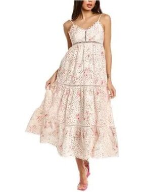 Aqua White Eyelet Maxi Dress with Pink Floral Detail